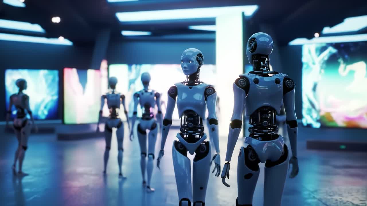 A group of humanoid robots move through a high-tech exhibition space filled with bright digital screens. The setting showcases advanced technology and innovative designs from various exhibits.