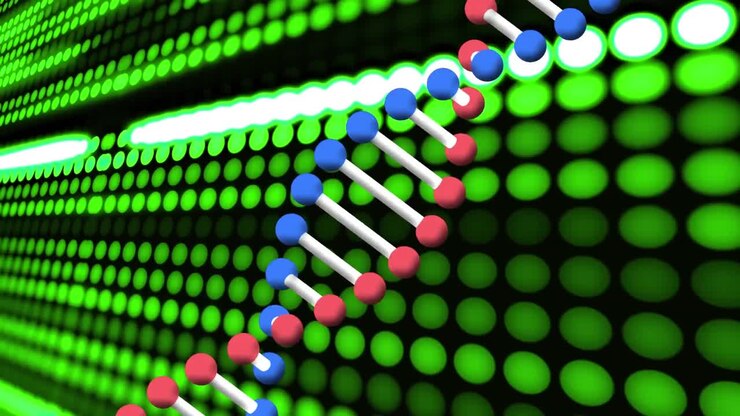 Animation af roterende DNA-streng over glødende grønne lys fra server, der behandler data