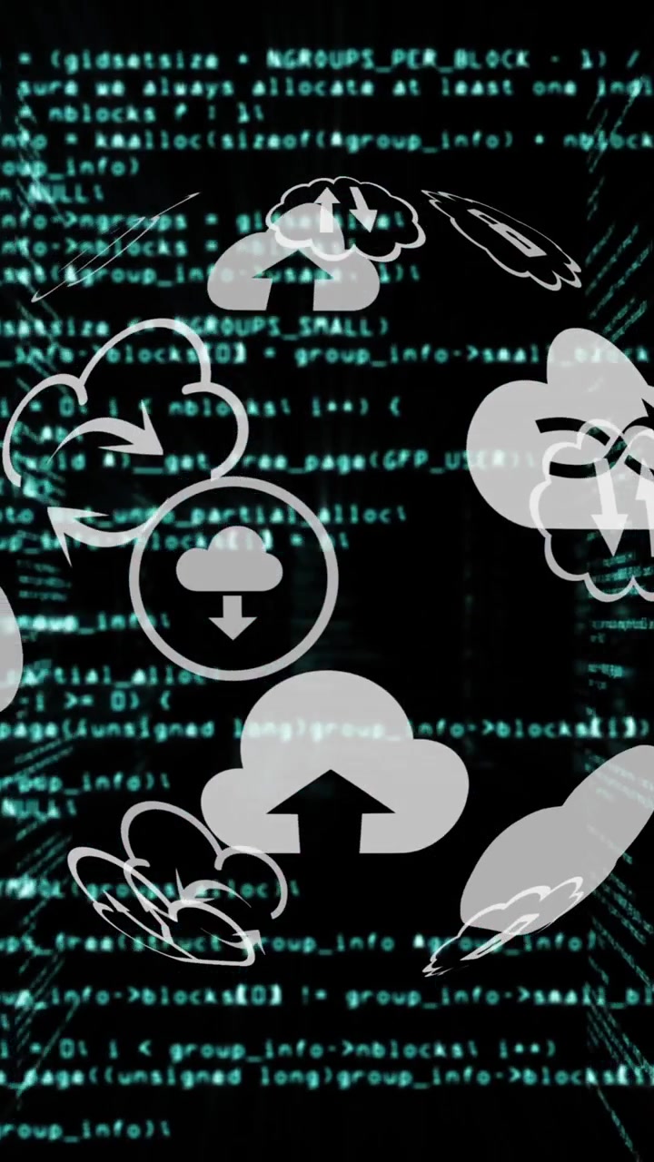 Animation of a rotating icons globe over information scrolling on background