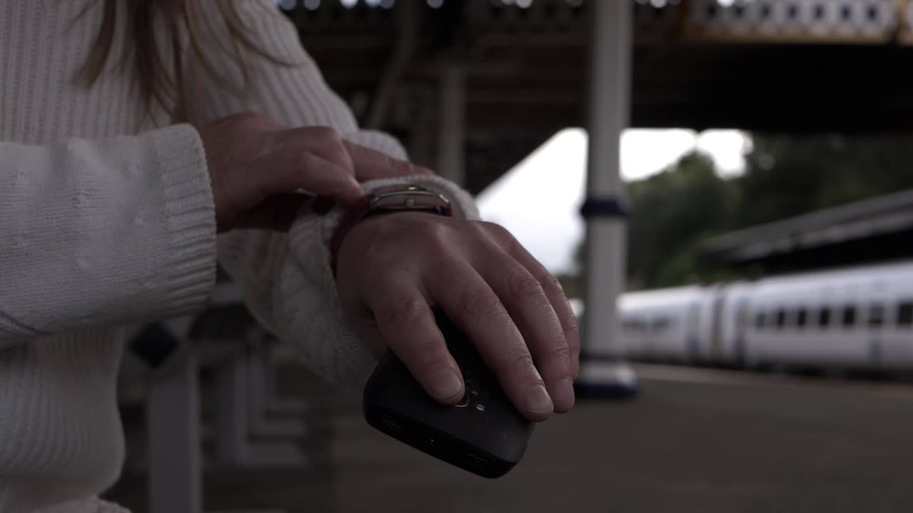 Woman checking wrist watch in train station close up shot