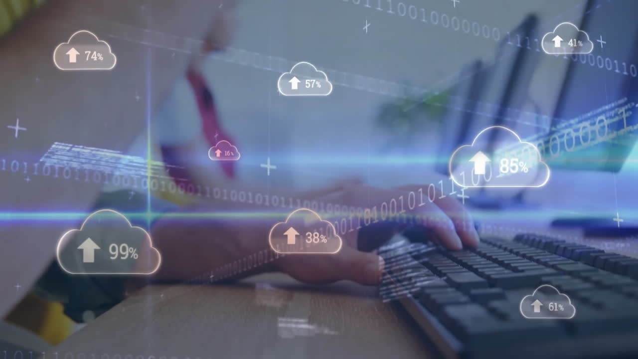 animación de nubes y procesamiento de datos sobre empresario caucásico usando auriculares de teléfono
