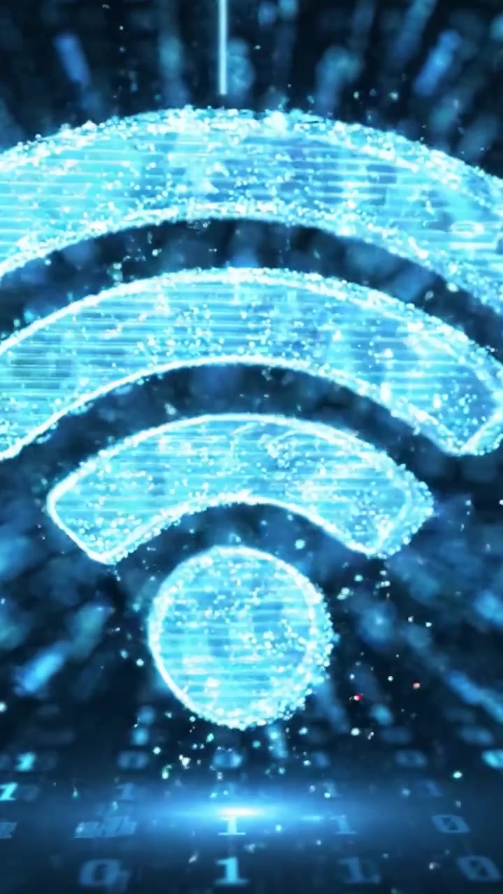 Visuel repræsentation af datatransmission med binær kodeflow og trådløst signalikon i et dynamisk digitalt miljø