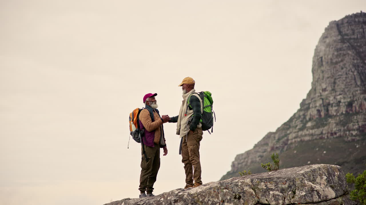 Two hikers shaking hands on a mountain top