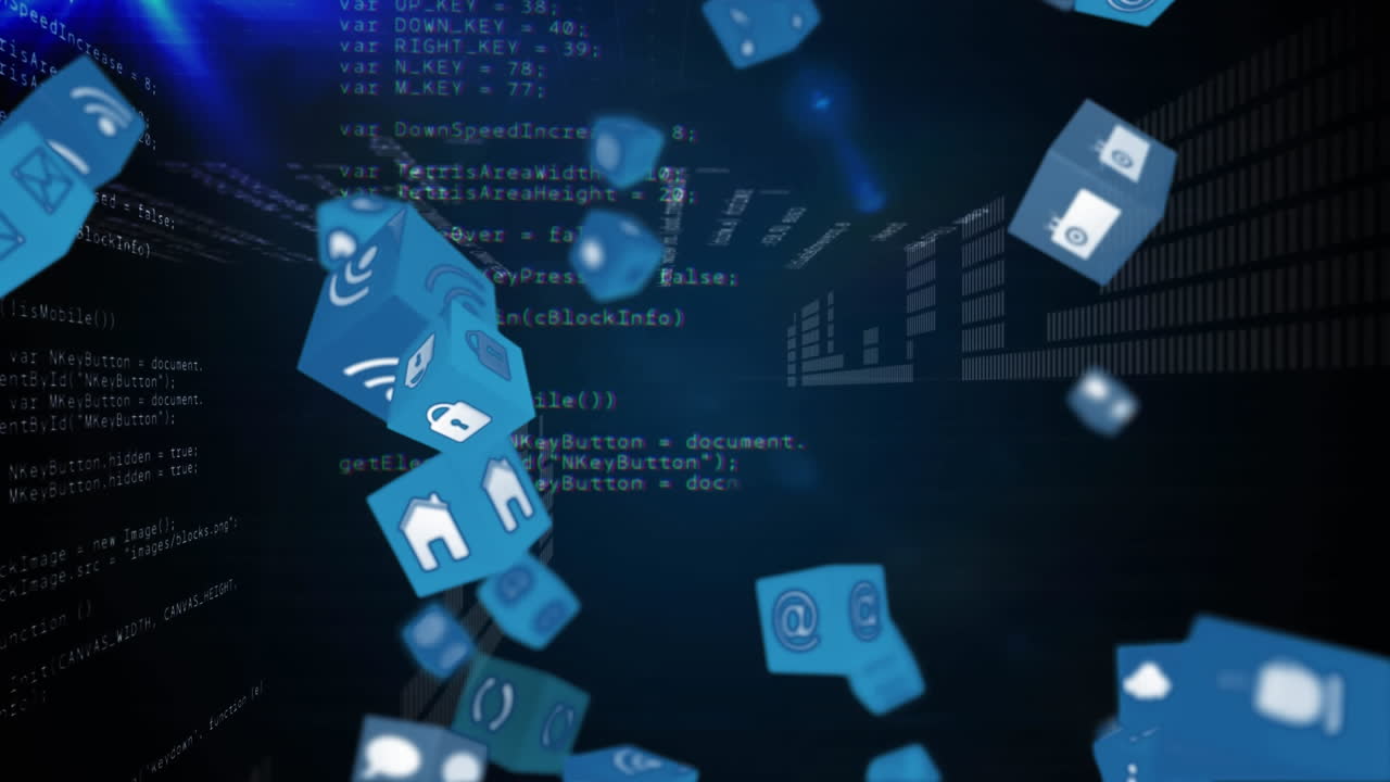 Online and application icons in cubes with program codes