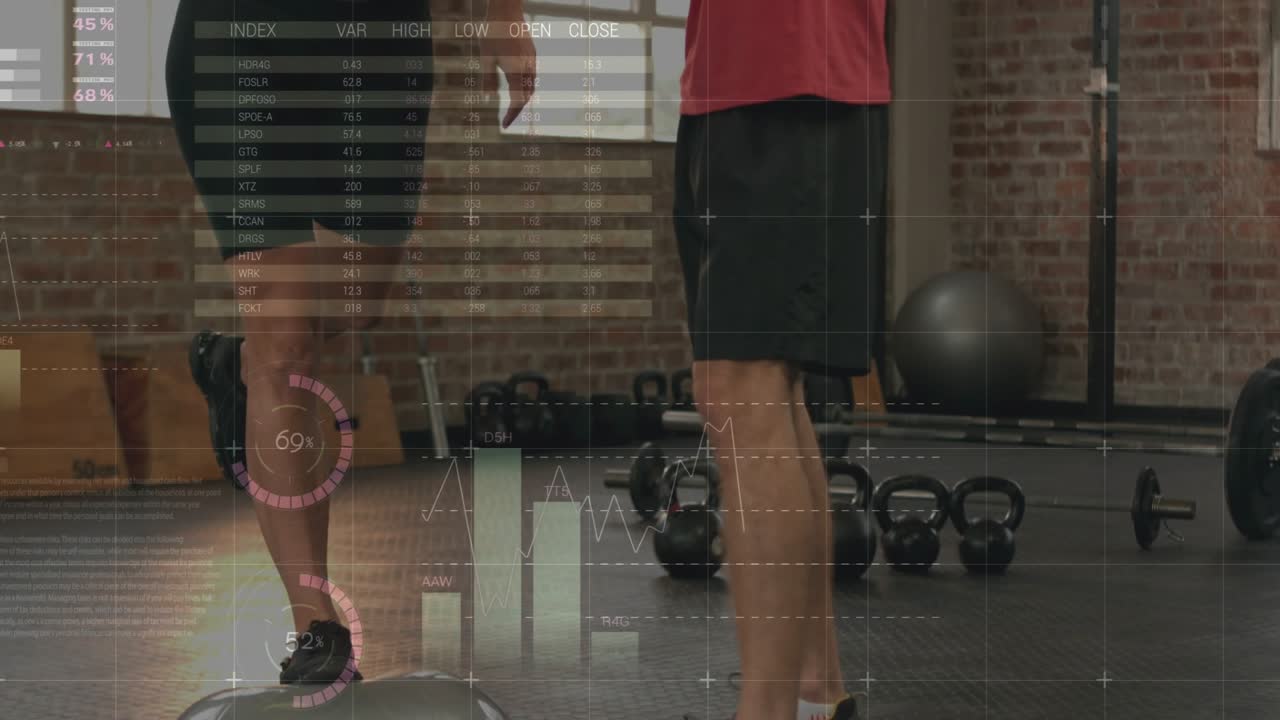 Male coach reaching, holding trainee forearms and initiating single-leg reps in gym with HUD charts