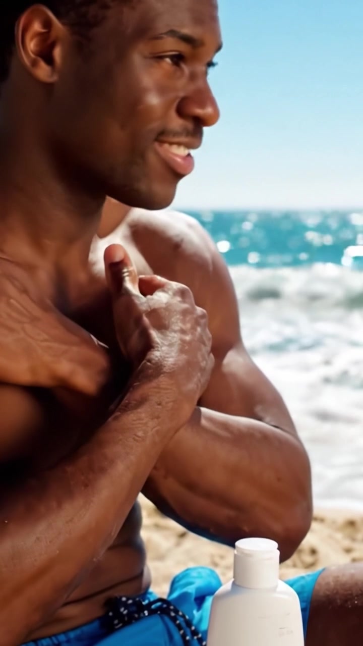 A man applies sunscreen while enjoying a sunny beach day, ensuring skin protection against harmful UV rays under the bright blue sky and next to the sparkling ocean.