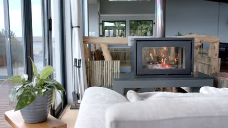 general view of living room with sofa, fireplace and window, slow motion