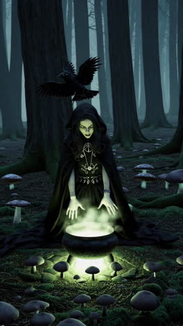 dark forest witch brewing potion