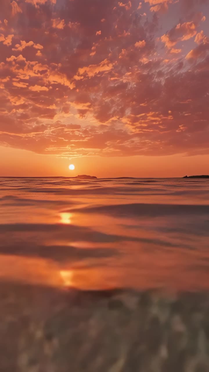 Vertical video: Gliding dark fish swimming over shallow seabed at sunset, with sun glow and clouds