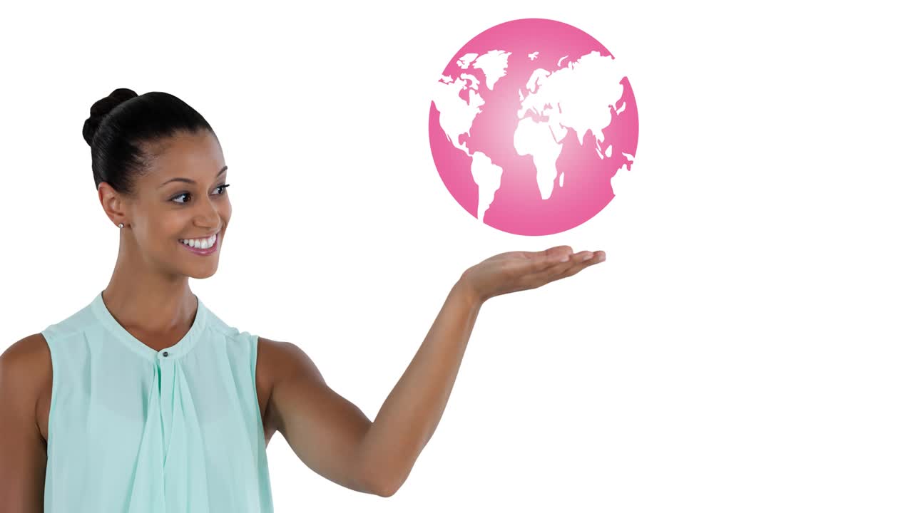 animación del logotipo del globo rosa sobre una mujer joven