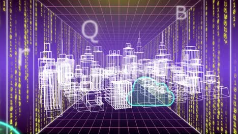 animation of cloud, binary coding and data processing over 3d cityscape