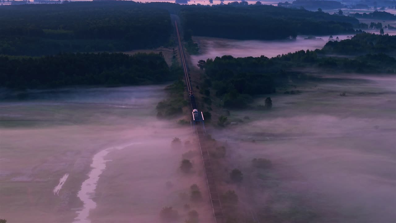 Aerial, Foggy Hazy Morning, Freight Railway Journeys, Moody Environment