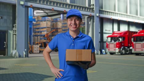 asian male courier in blue uniform putting hand on hip and smiling while delivering a carton, outside of logistics distributions warehouse, pround pose