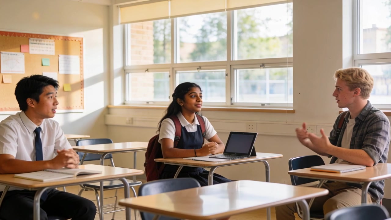 Estudante indiano de suéter, atento, responde após o colega da direita falar sobre o trabalho em aula, usando um laptop.