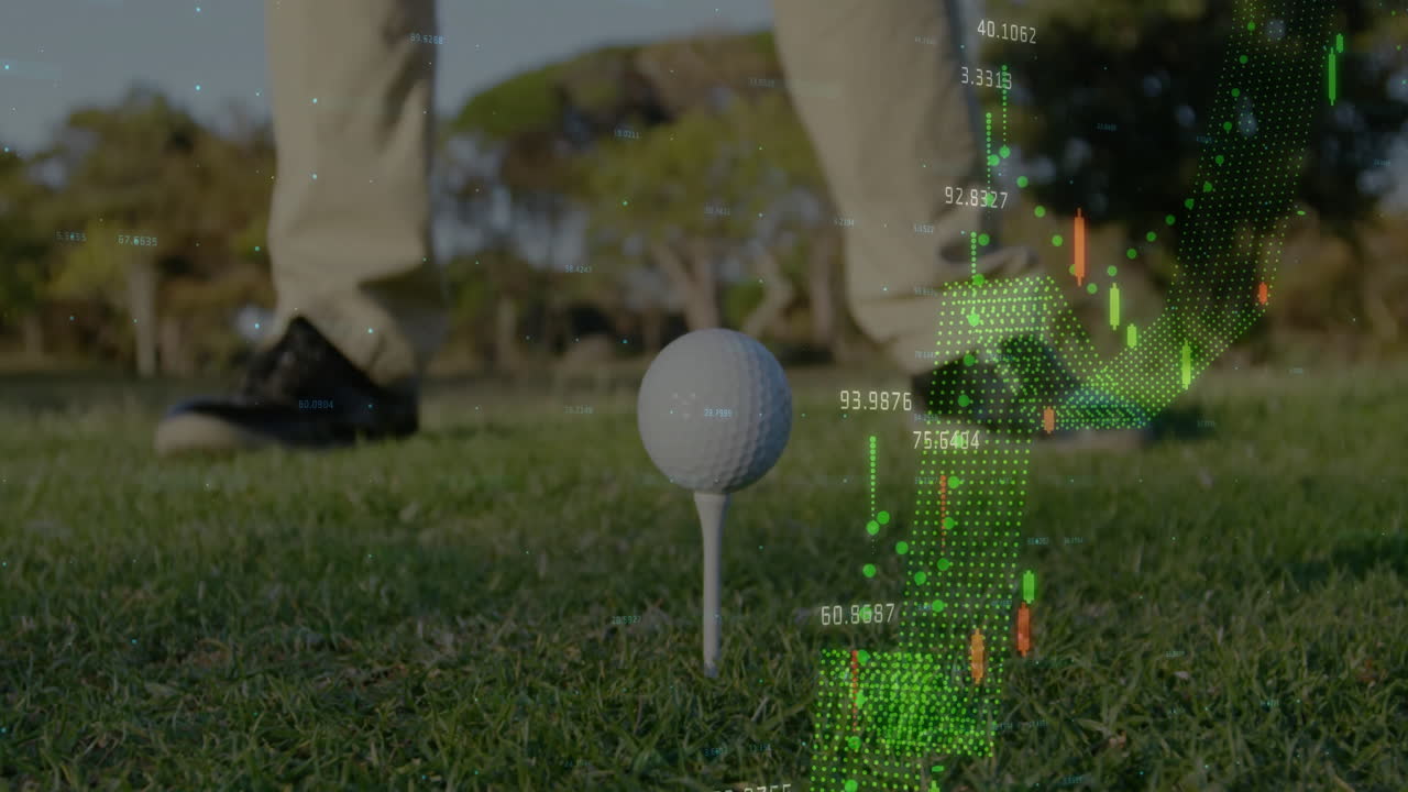 Golf ball sitting on tee and displaying live performance metrics through candlestick charts in 3D