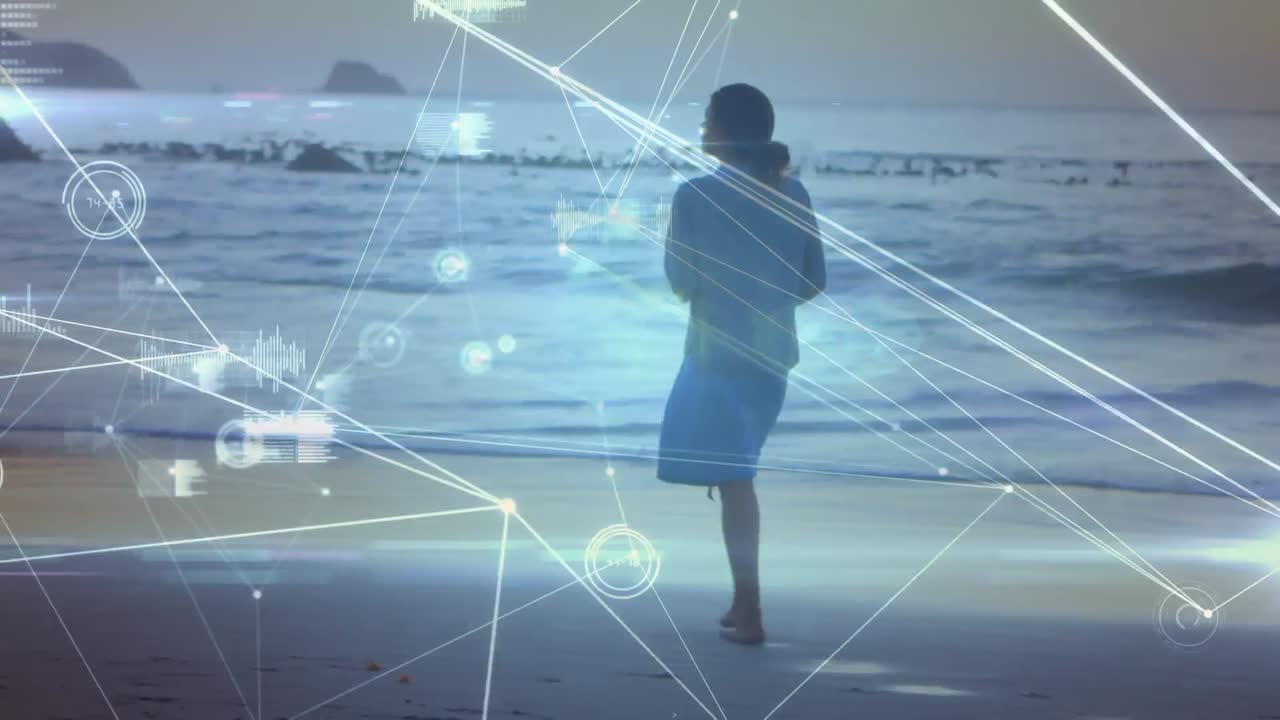 해변에서  ⁇ 는 백인 여성에 대한 데이터 처리 및 연결 네트워크의 애니메이션