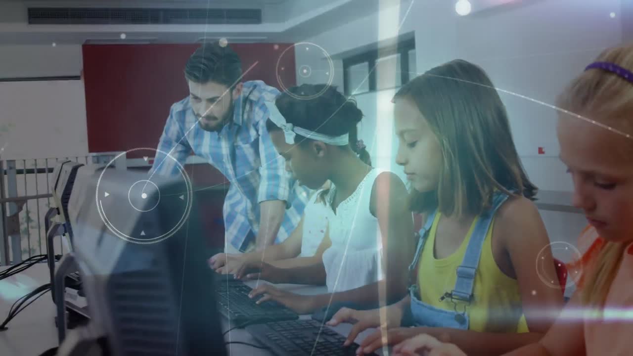 Animation of data processing over diverse group of schoolchildren with teacher using computers