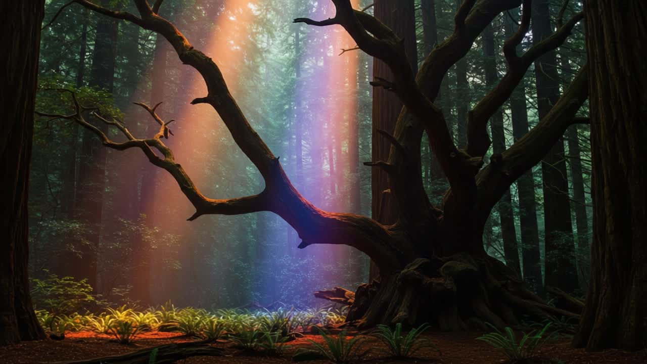 Enchanted Grove: A Majestic Tree Bathed in Radiant Light Amongst Towering Forest Canopy, Creating a Magical and Ethereal Atmosphere in the Heart of Nature