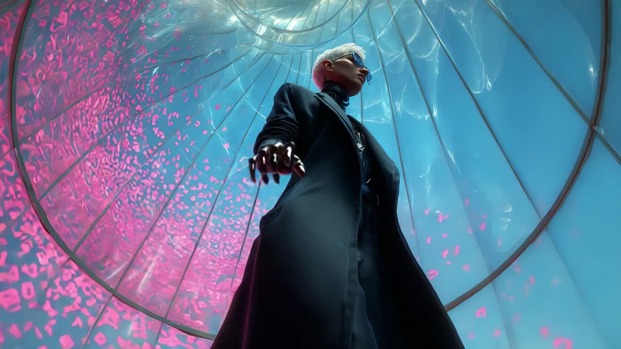 A futuristic figure stands dramatically within a glass dome, showcasing advanced technology and a striking contrast of vibrant colors, embodying a blend of human and machine in a digital world