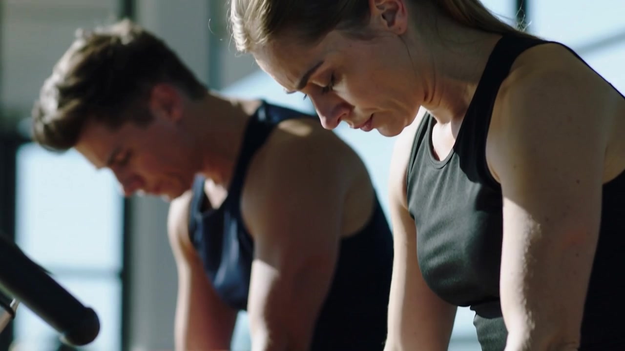 Gripping metal rail, seated female and male training on gym machines, wearing tank tops and shorts