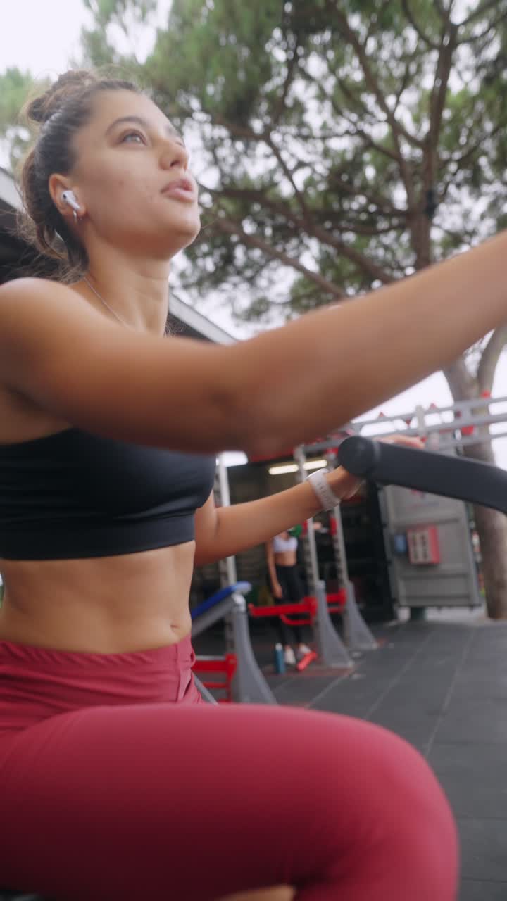 Woman exercising vigorously at an outdoor gym