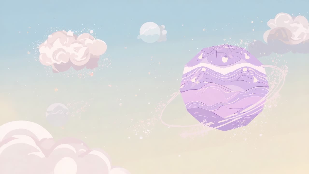 Opening dreamy pastel sky causing clouds pulsating, lavender orb rotating with drifting sparkles