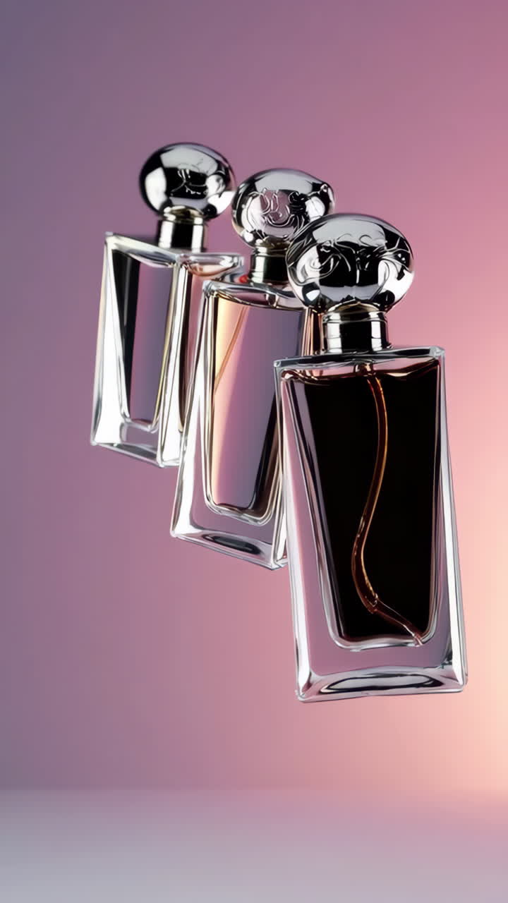 Eleganti flaconi di profumo su sfondo sfumato.