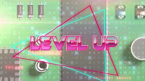 Animation-of-level-up-text-over-neon-lines-and-computer-circuit-board