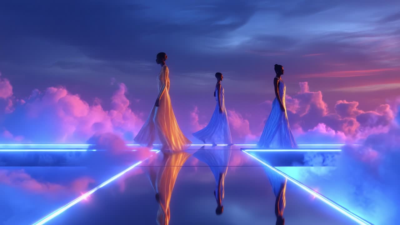 Three ethereal figures elegantly traverse a transcendent runway adorned with luminous accents, surrounded by vibrant clouds under a mesmerizing twilight sky, showcasing the fusion of fashion and art