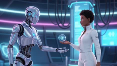 a futuristic interaction between a humanoid robot and a scientist showcases advanced technology and artificial intelligence in a sleek, high-tech environment filled with vibrant digital displays