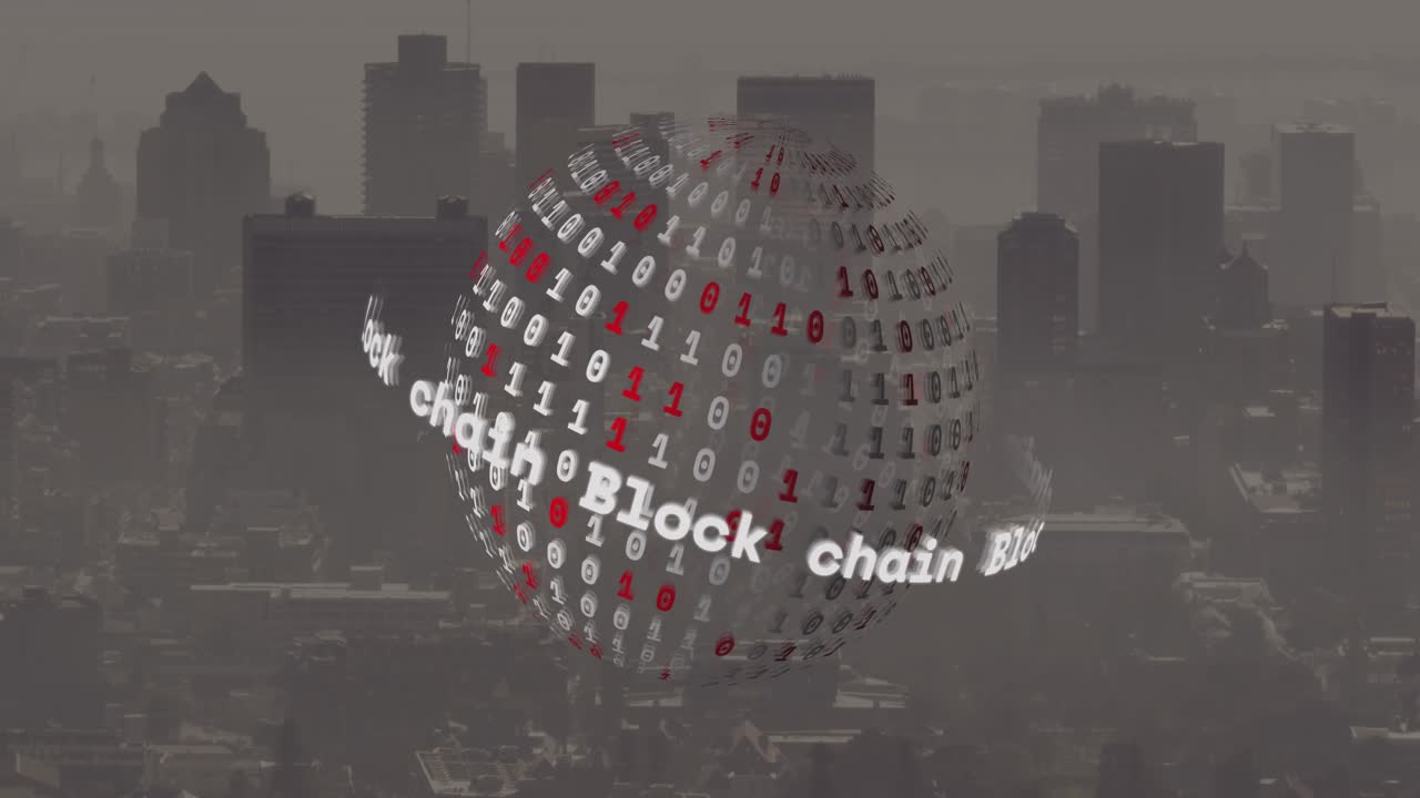 Animation of block chain text banner and binary coding over spinning globe against view of cityscape