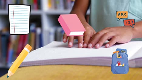 animación de iconos de artículos escolares sobre un escolar que lee braille
