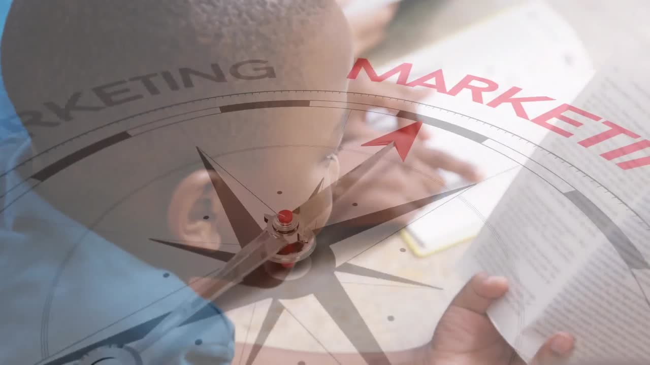 아프리카계 미국인 소년들이 책을 읽는 텍스트를 가진 나침반의 애니메이션