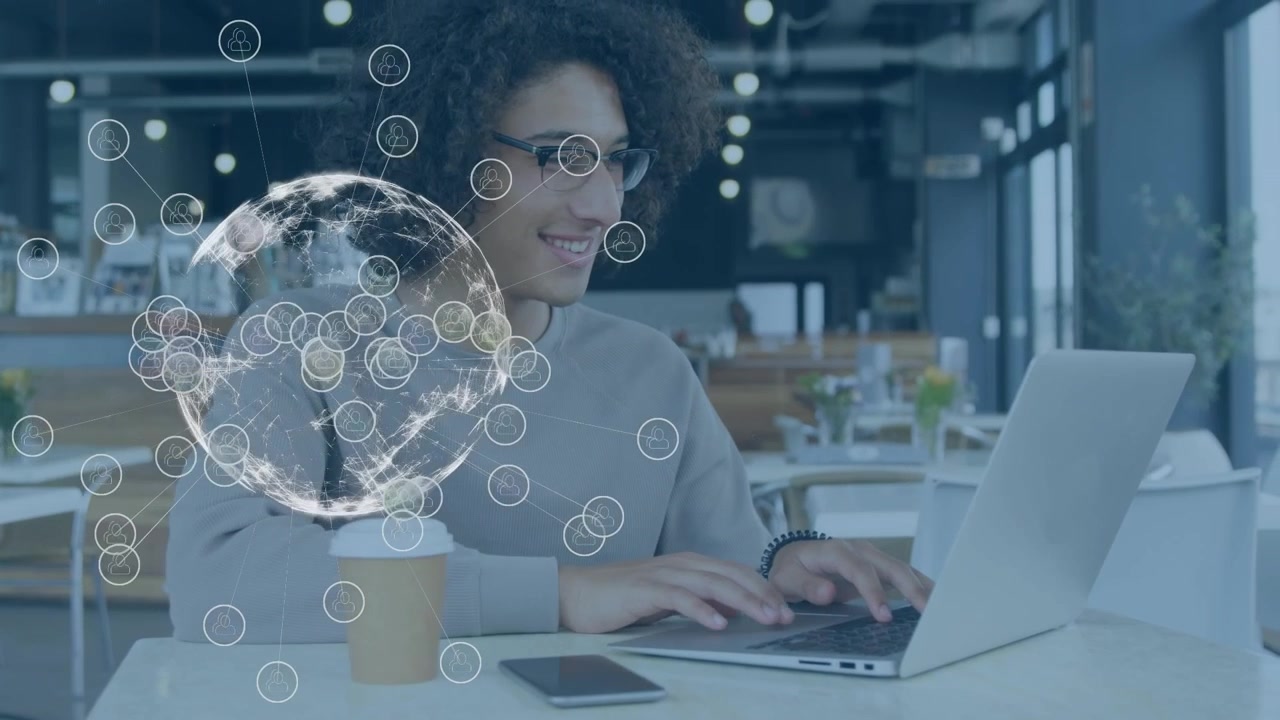 Animation of connections with globe over man with coffee using laptop