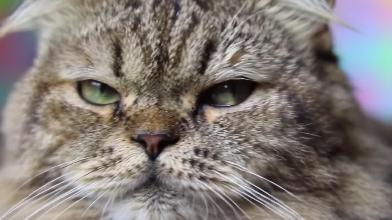A close-up view capturing the expressive face and piercing green eyes of a fluffy feline, showcasing its calm demeanor and distinct features in vibrant surroundings