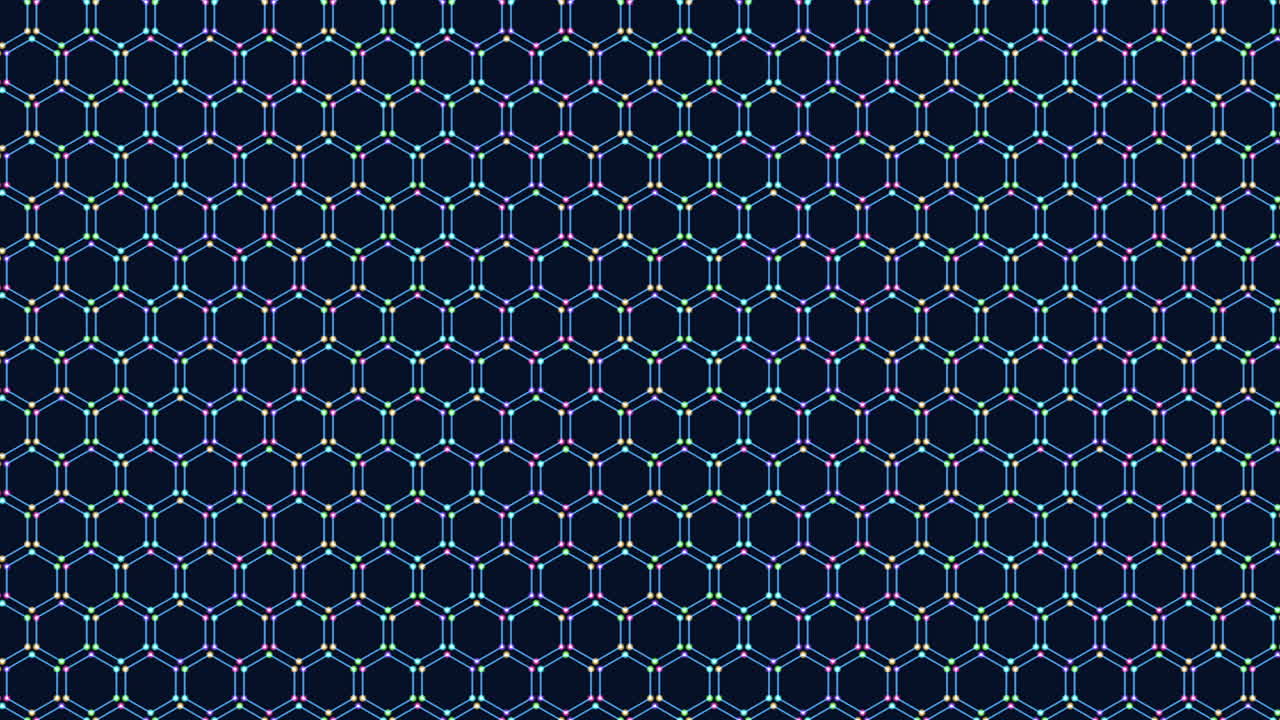 Seamless neon rainbow geometric hexagons pattern with dots in rows