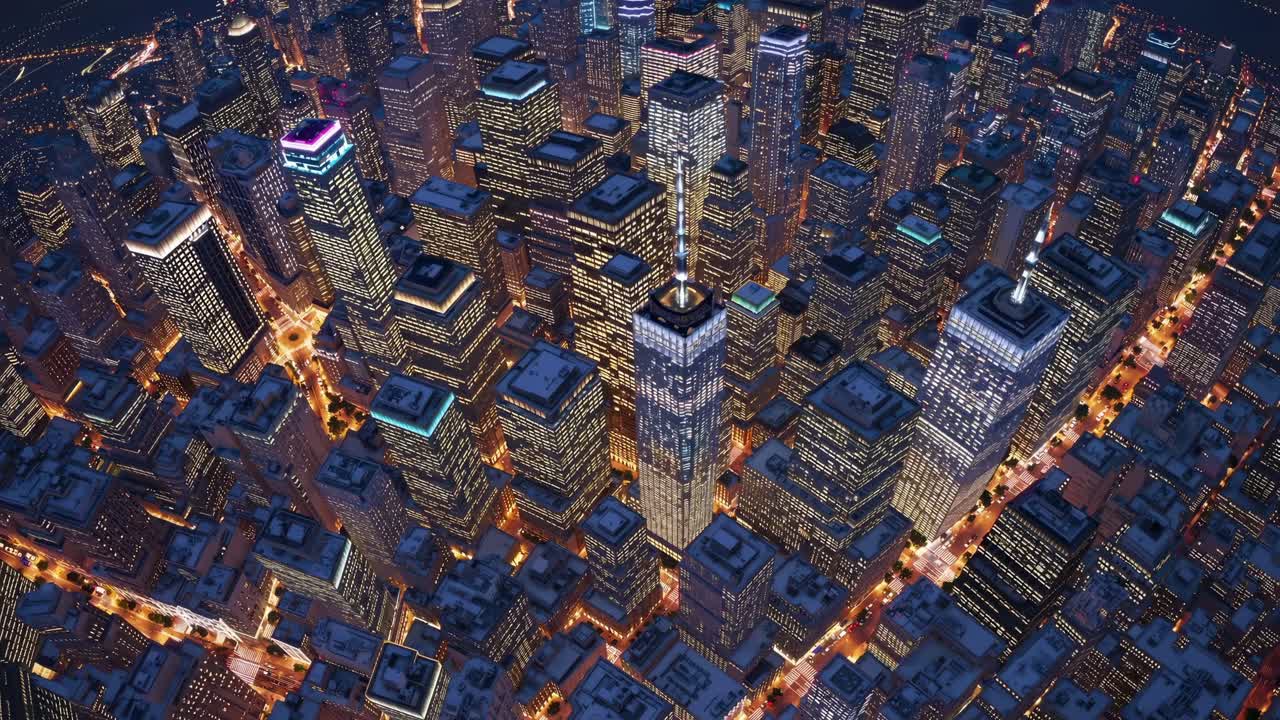 Aerial view of a vibrant city skyline at night, showcasing illuminated skyscrapers and bustling streets, capturing the dynamic energy of urban life in a continuous motion sequence