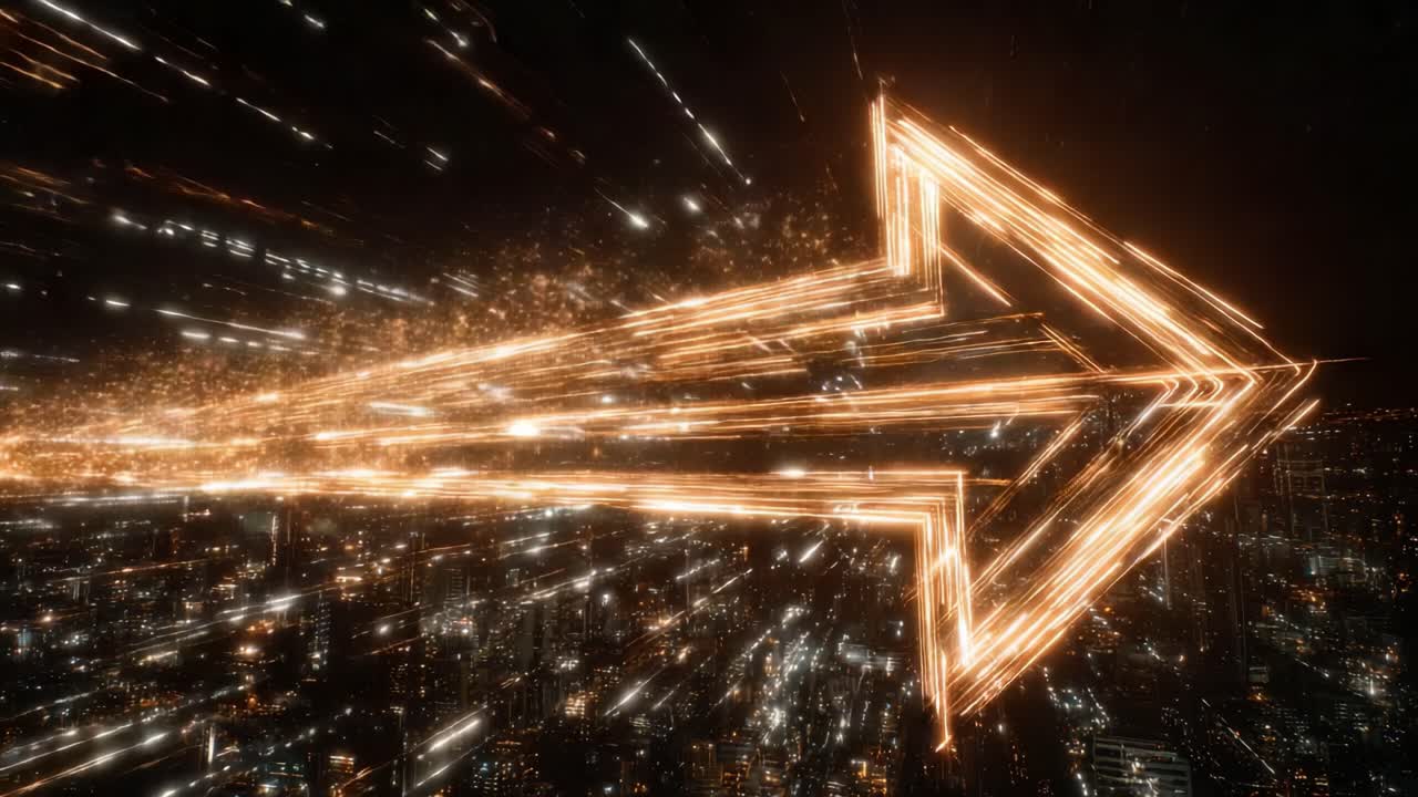 Glowing golden arrow made of light and digital particles flying at high speed over a futuristic metropolitan city at night, symbolizing progress, innovation, data transfer, and forward movement