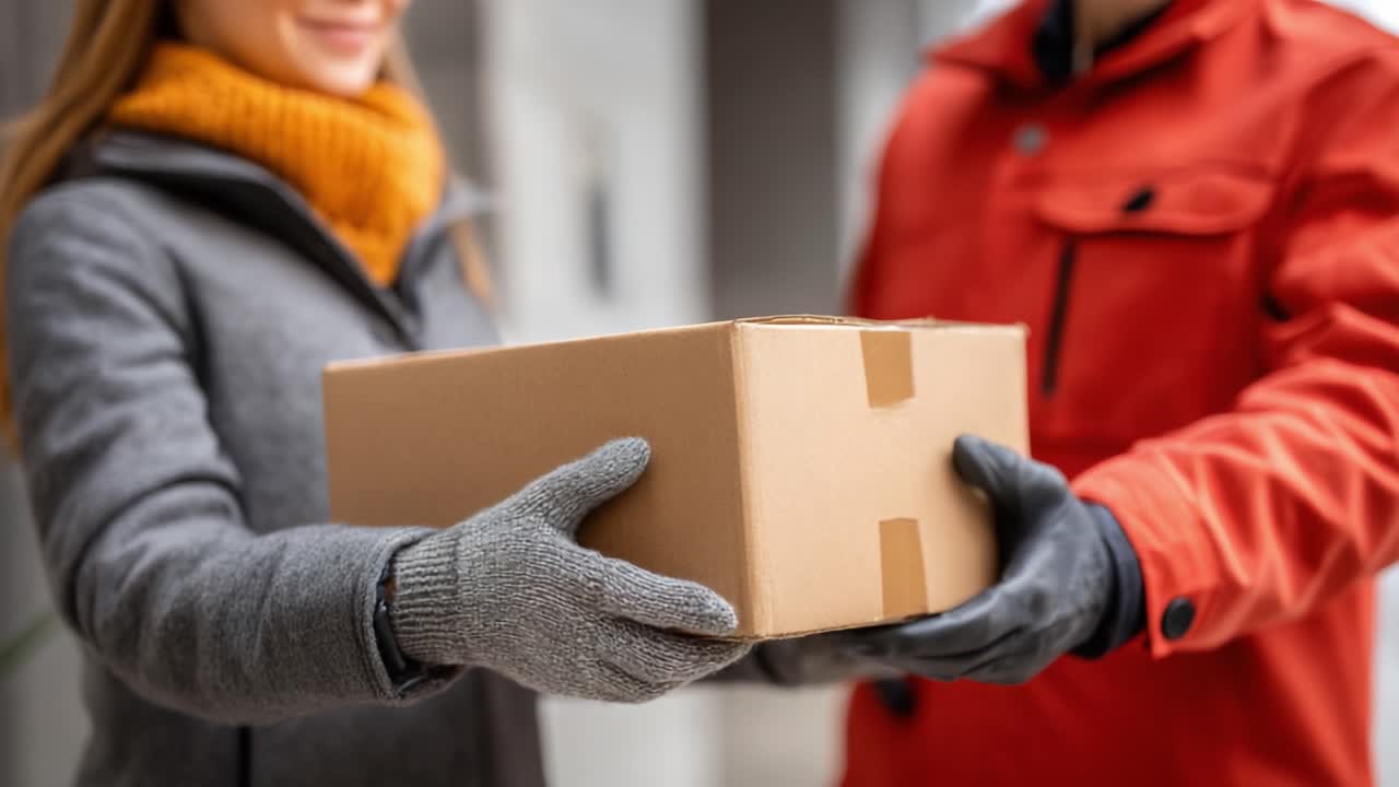 Delivery Interaction: A Smiling Woman Accepts a Package from a Courier in a Cozy Outdoor Setting, Highlighting the Joy of Receiving Deliveries
