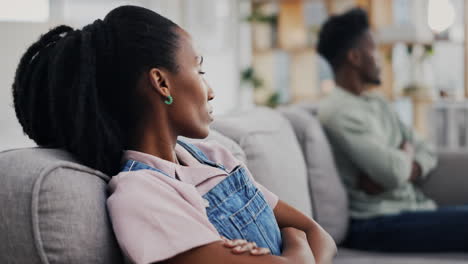 Sofa,-angry-and-black-woman-in-a-fight-with-a-man