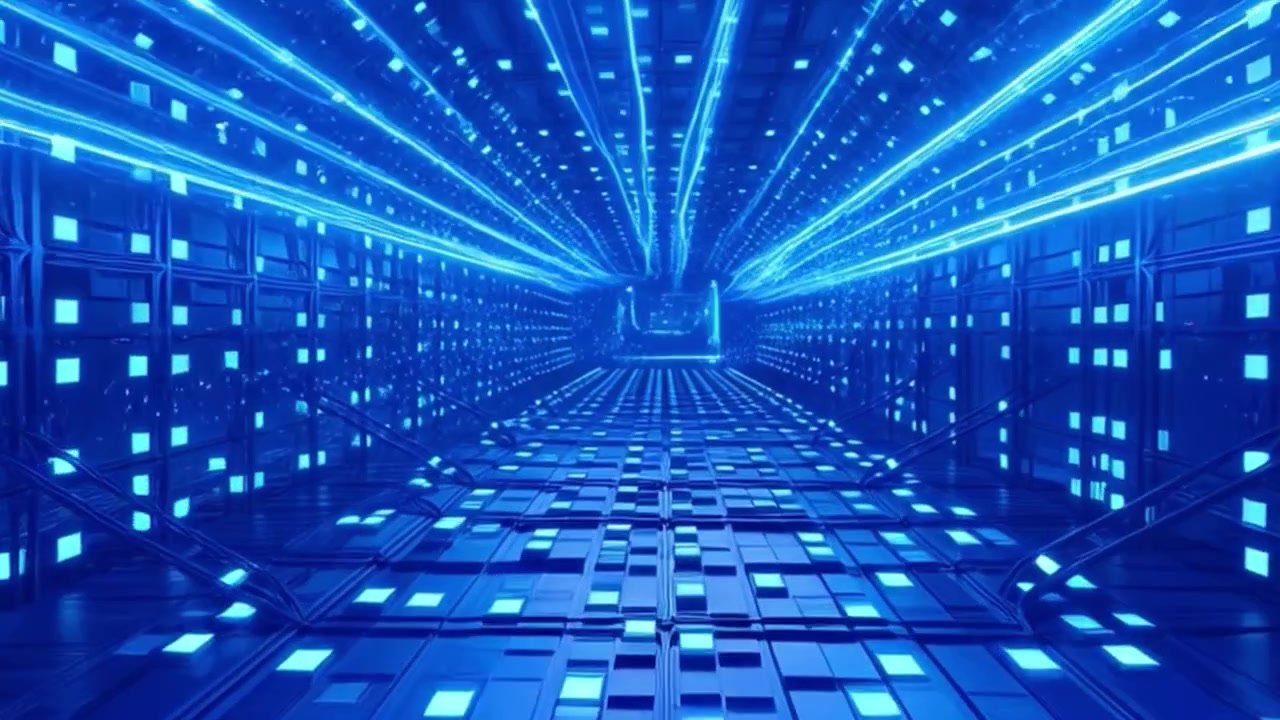 Futuristic Digital Tunnel with Glowing Blue Light Streaks