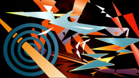 animation of multiple retro abstract shapes moving on red background