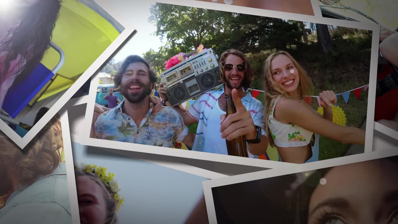 Giovani amici felici si godono un festival di musica estivo e un campeggio