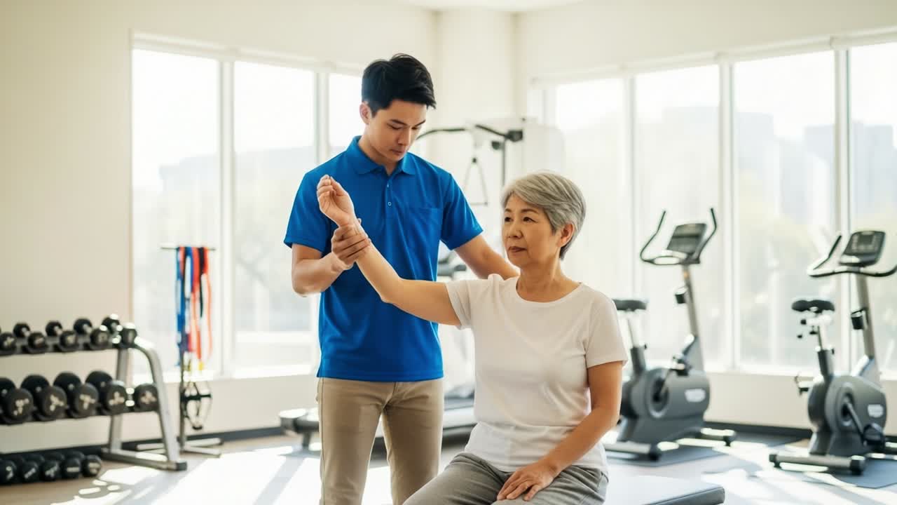 A dedicated physical therapist assists a senior woman during her rehabilitation session in a modern gym, focusing on improving mobility and strength through personalized exercises and guidance