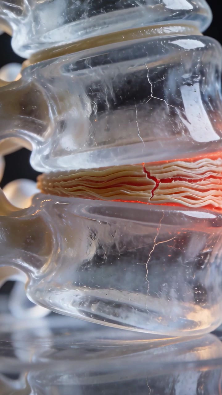 Video verticale: Telecamera in movimento che mostra un modello chiaro di colonna vertebrale con disco su un tavolo, esponendo una fessura rossa
