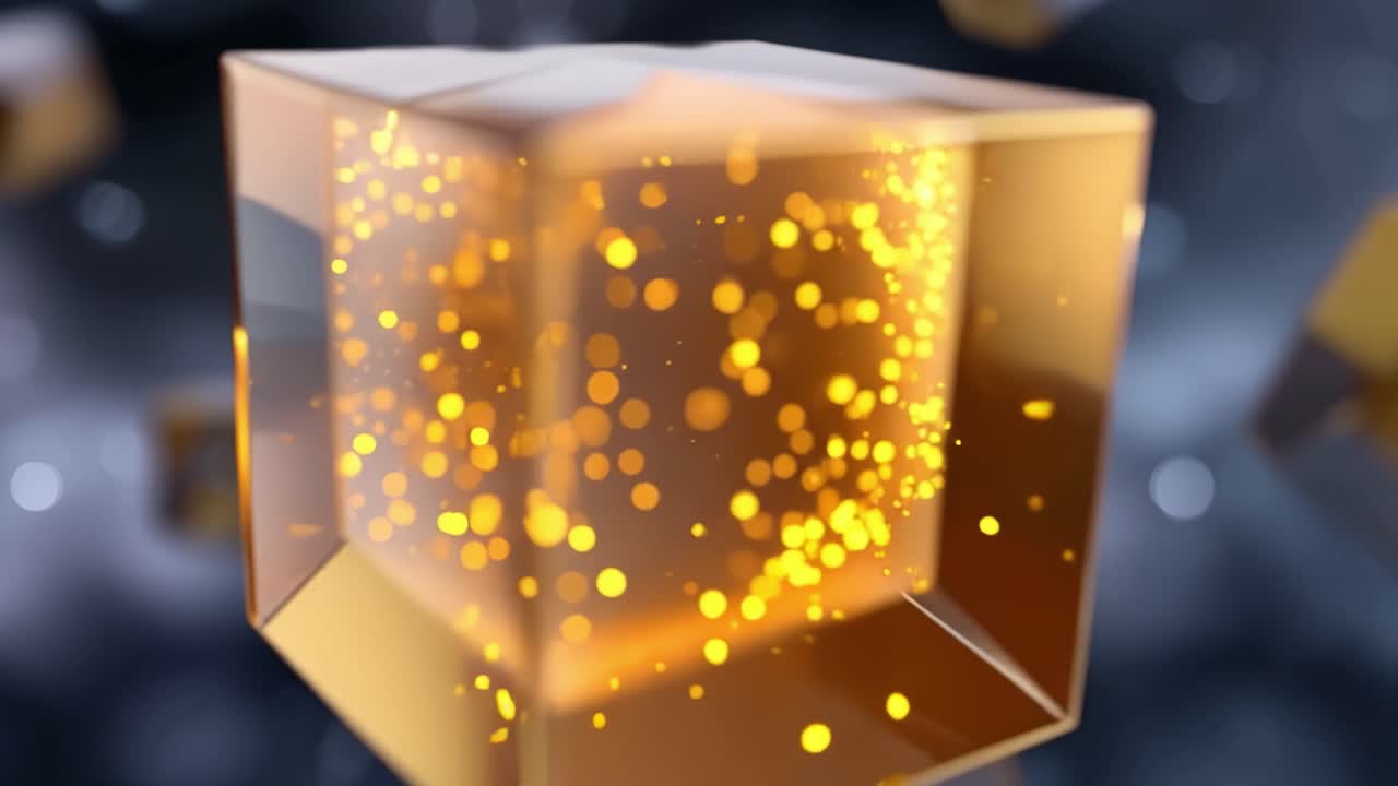 Gyldne terninger smelter sammen med glødende partikler i et abstrakt digitalt rum