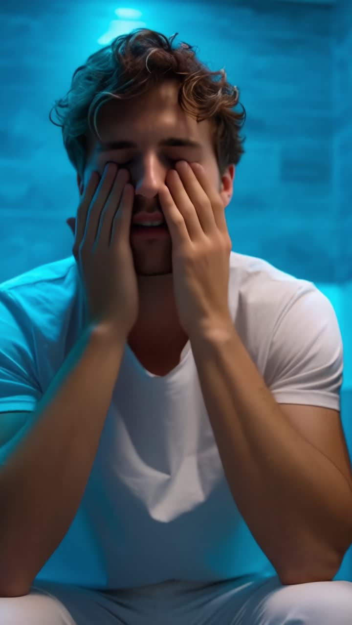Young man sits in blue-lit room, head in hands. His expression shows deep emotional distress or exhaustion. Calm, subdued lighting enhances mood of vulnerability and introspection