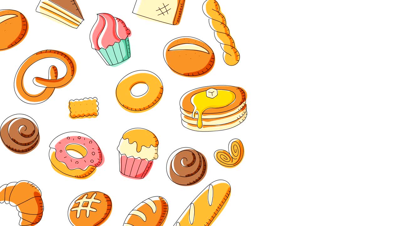 patrón de panadería en movimiento fondo dibujos animados ilustración de dibujo a mano aislada en fondo blanco animación de bucle sin costuras 4k, con espacio de copia central