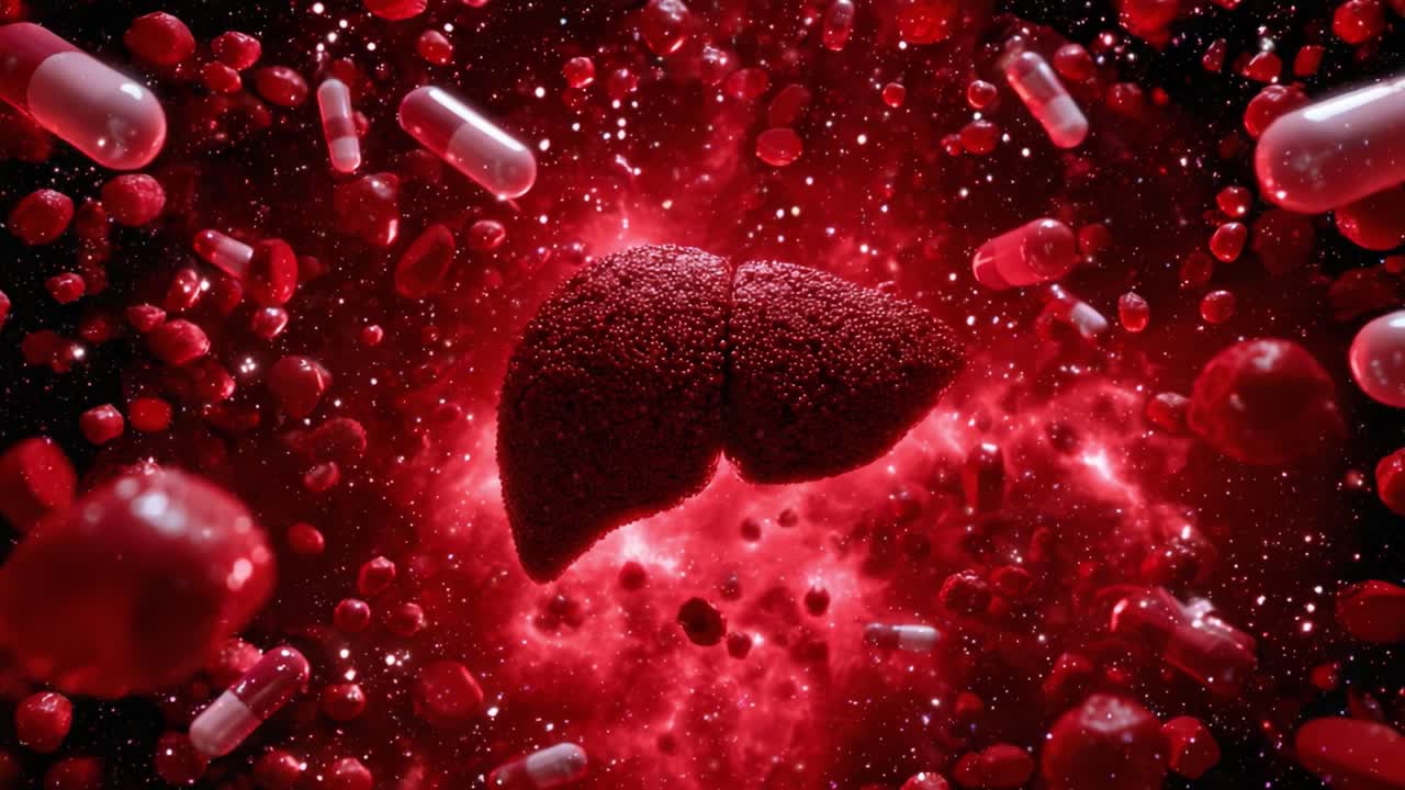 A Visual Exploration of the Human Liver Surrounded by a Sea of Red Cells and Capsules, Capturing the Intricacies of Anatomy and Health in Vivid Detail