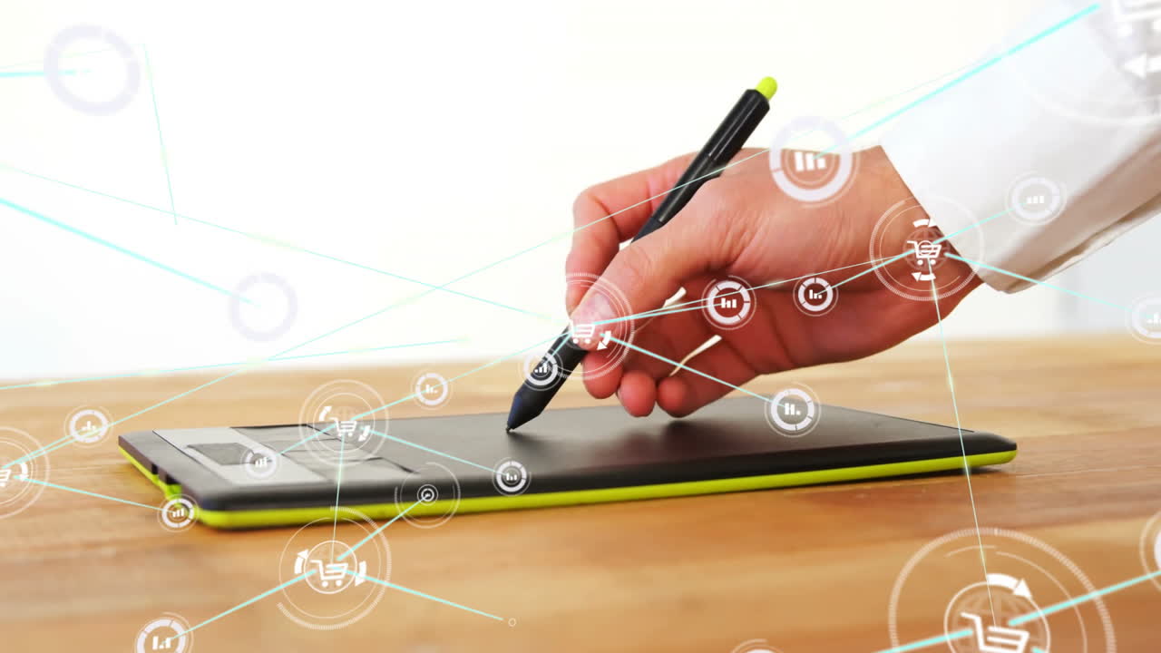 Animation of network of connections with icons over biracial businesswoman using tablet